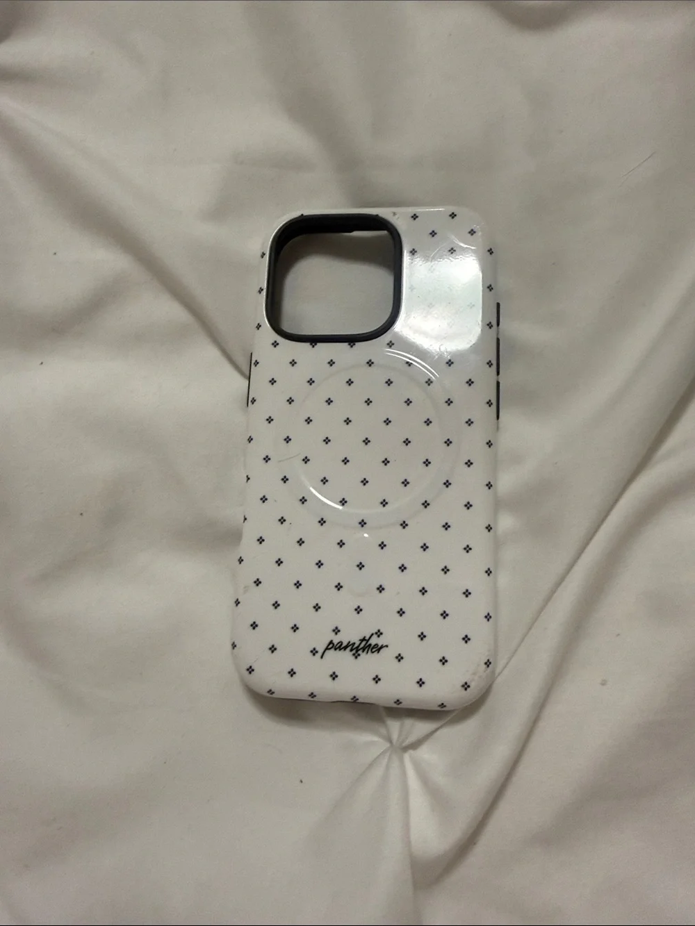 White Phone Case with Navy Dot Pattern magsafe